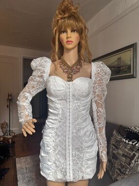 Fashion Nova White Lace Puff-Sleeve Mini Dress